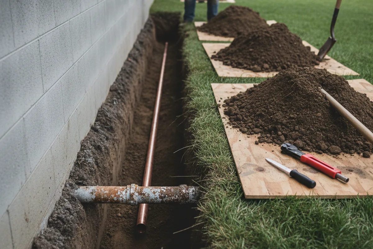 Excavated water line trench during Water Softener Installation in Goldsmith